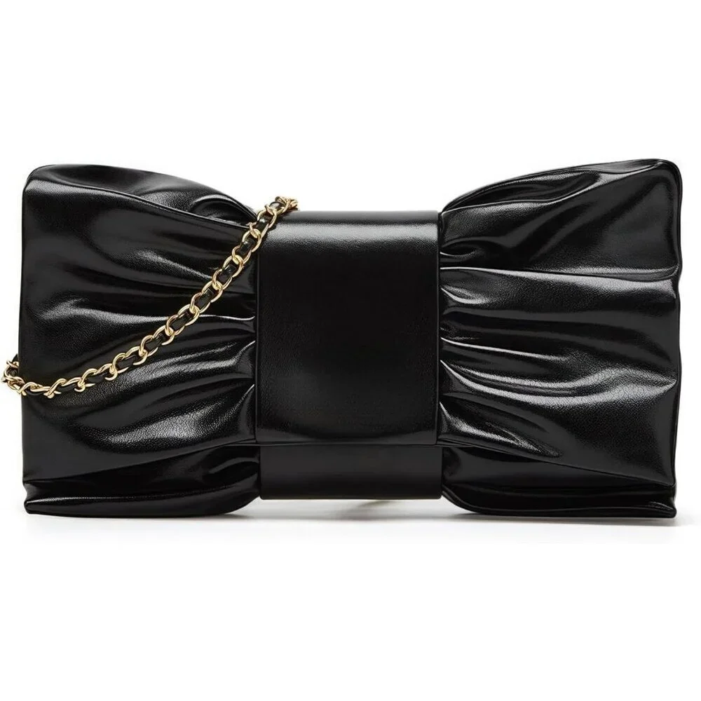 Women's Black Pu Leather Zipper High Quality Metal Small Bow Crossbody Clutch